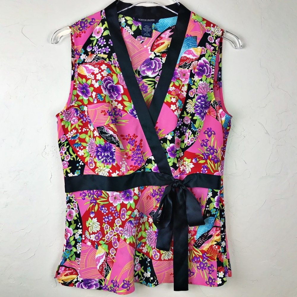 Boston Proper Floral Wrap Blouse - Pink and Black